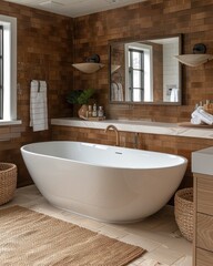 Elegant bathroom interior with freestanding bathtub, wooden walls, and woven baskets.
