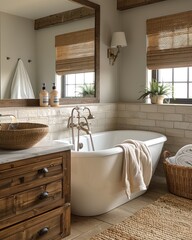 Elegant bathroom interior with freestanding tub, wooden cabinets, and natural light.