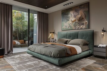 Modern bedroom interior with large bed, artwork, and view of nature through floor-to-ceiling windows.