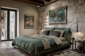 Modern bedroom interior with large bed, artwork, and view of nature through floor-to-ceiling...