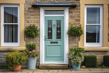 Elegant Teal PVC Door with Stained Glass and White UPVC Windows on a Classic Home