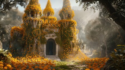 Fototapeta premium Enchanted castle covered in marigolds, towering spires adorned with golden flowers, mystical forest backdrop, soft sunlight filtering through trees, fairytale-like ambiance