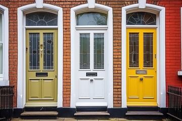Fototapeta na wymiar Vibrant Trio of Olive, White, and Yellow PVC Doors on Classic Red Brick Townhouse