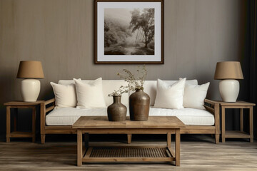 Neutral-toned lounge with twin sofas, a vintage wooden table, and an empty frame on the wall, perfect for custom decor.