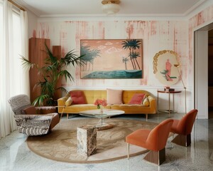Elegant retro living room with pastel colors, stylish furniture, and decorative artwork.