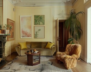 Elegant vintage living room interior with mustard sofa, patterned armchair, wooden coffee table, and decorative plants.