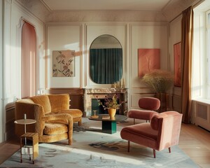 Elegant retro living room with pastel colors, stylish furniture, and decorative artwork.