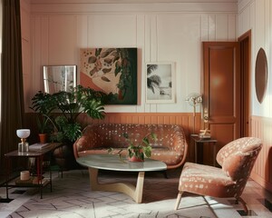 Cozy vintage living room interior with elegant sofa, coffee table, plants, and artwork on the wall.