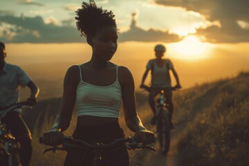 A family of black people on electric mountain bikes travels through the rolling hills, illuminated by the soft light of the setting sun.