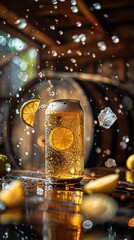 Refreshing beer with lemon slices and ice cubes splashing, on a warm, bokeh background.