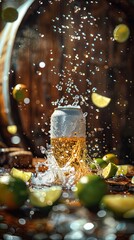 Bottle of citrus essential oil with splashes, surrounded by fresh limes, warm bokeh background.