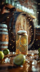 A refreshing beer with lime slices and bubbles, surrounded by ice on a rustic wooden background.