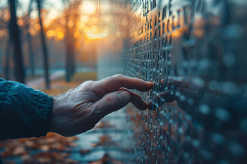 A close-up photo of veteran's hand gently touching the engraved names on a memorial wall at dusk, reflective and emotional, soft focus background. Veterans Day concept - obrazy, fototapety, plakaty