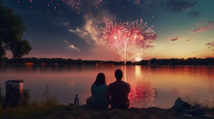 couple in love sitting by a lake on a beautiful sunset - obrazy, fototapety, plakaty