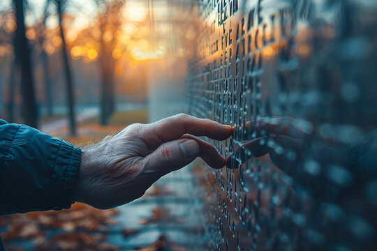 A close-up photo of veteran's hand gently touching the engraved names on a memorial wall at dusk, reflective and emotional, soft focus background. Veterans Day concept