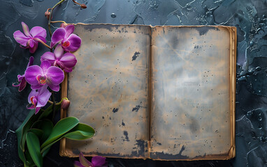 purple orchids laying next to an open vintage notebook with copy space