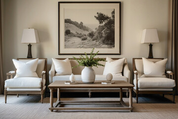 Neutral-toned lounge area adorned with twin sofas, an old wooden table, and an empty frame waiting for personalized additions.