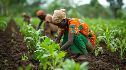 Fototapeta premium Farmers tending to crops