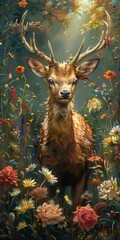 Majestic deer surrounded by vibrant flowers in an enchanting forest scene.