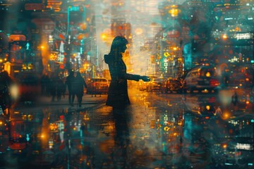 Silhouette of a person in a rainy city at night with vibrant street lights reflecting on wet...