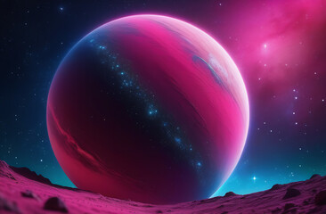 A large pink planet on the background of a starry cosmic sky. Beautiful fantastic background
