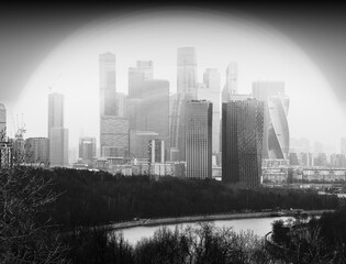 Black & white Moscow city covered with atomic blast illustration - 780680349