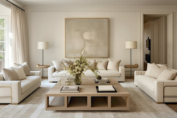 Neutral tones with two sofas and wooden table.
