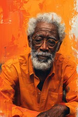 Portrait of a senior man with gray hair and beard, wearing an orange shirt, against an orange textured background.