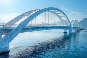 A wide arch bridge spans the river, a landmark of urban transportation.