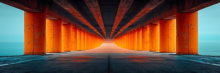 Beneath the bridge, an empty road leads through a brightly lit, futuristic urban space.