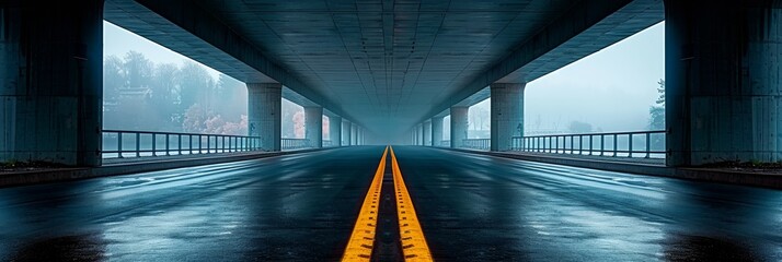 Under the urban bridge, an empty asphalt road leads through a futuristic tunnel, illuminated in...