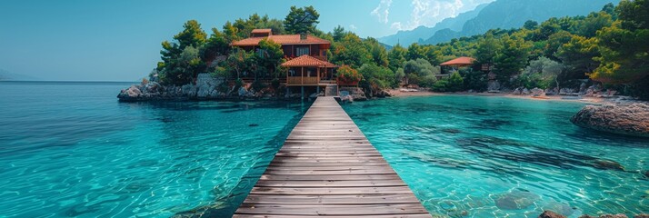 Tropical paradise with lagoon, mountain backdrop, wooden pier, and lush greenery by crystal-clear waters. - obrazy, fototapety, plakaty