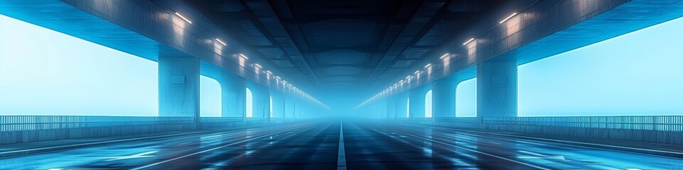 In the futuristic corridor, neon lights illuminate the empty space with a bright, abstract glow.