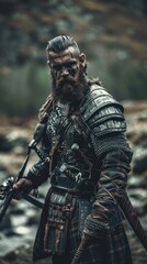Majestic Viking warrior in traditional armor, holding a sword and shield, with a fierce expression, set against a moody, atmospheric backdrop.