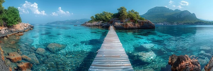 Idyllic coastal scene with stone paths, wooden piers, and turquoise waters under sunny skies. - obrazy, fototapety, plakaty