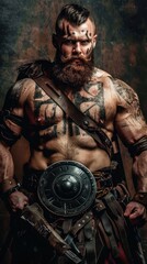Majestic Viking warrior in traditional armor, holding a sword and shield, with a fierce expression, set against a moody, atmospheric backdrop.