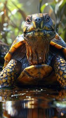 Close-up of a turtle in water with detailed texture on shell and skin, vibrant colors, and a focused gaze.
