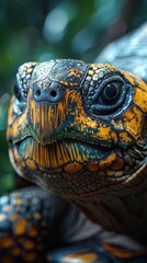 Close-up of a colorful turtle with detailed textures on its face and shell.