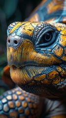 Close-up of a colorful turtle with detailed textures on its face and shell.