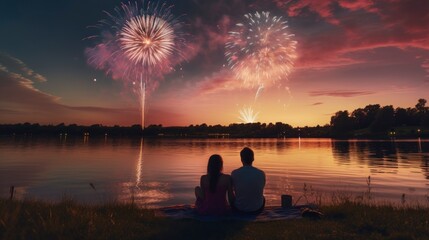 people sitting on a lake at sunset watching fireworks at a beautiful sunset