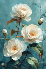 Elegant white roses with buds and green leaves, set against a soft blue background, accompanied by paintbrushes.