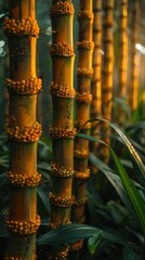 Vertical shot of bamboo stems with rich golden tones in a lush green forest setting, conveying a sense of tranquility and natural beauty.