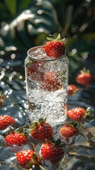 Sparkling water in a glass with a strawberry on top surrounded by fresh strawberries on a reflective surface with natural backlight.