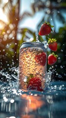 Sparkling water in a glass with a strawberry on top surrounded by fresh strawberries on a reflective surface with natural backlight.