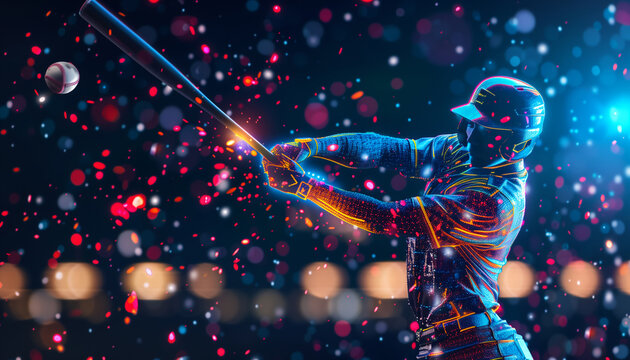 Digital rendering of baseball player in neon-lit stadium, swinging bat at glowing ball amidst colorful particles. Captures dynamic energy of futuristic sports. Perfect for high-tech sports concepts.