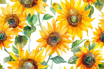 Watercolors of sunflowers, seamless pattern tile.