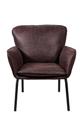 Closeup shot of a dark brown leather armchair on white back