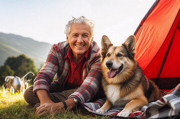An elderly man is traveling with a dog and is staying at a mountain camp
