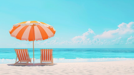 Two striped orange and white deck chairs under a beach umbrella on the shore. The concept of a banner or flyer advertising a beach holiday