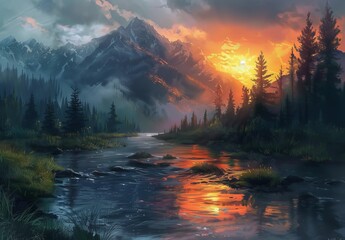 Tranquil scenes inspired by nature, featuring elements like flowing rivers, lush forests, majestic mountains, and serene sunsets